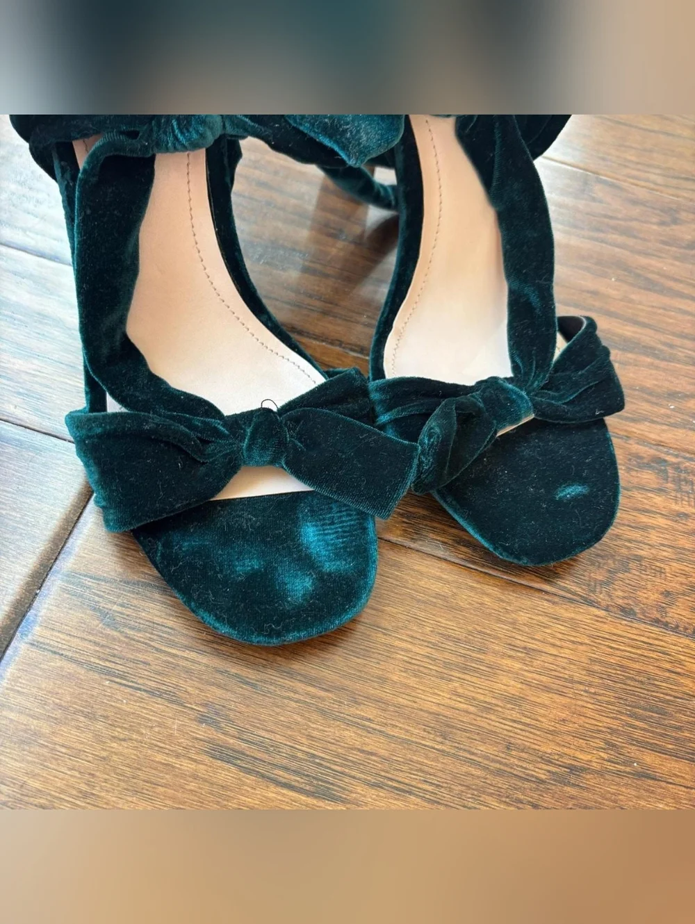 Zara Emerald Green Velvet Bow Sandals Lace Up Ankle Tie Block Heels Size 10 - Picture 5 of 8